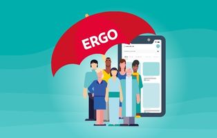 Illustration einer Gruppe von Menschen, die gemeinsam unter einem roten Schirm mit der Aufschrift 'ERGO' stehen, dahinter ein Smartphone mit App-Oberfläche – symbolisch für digitale Versicherungsabsicherung.